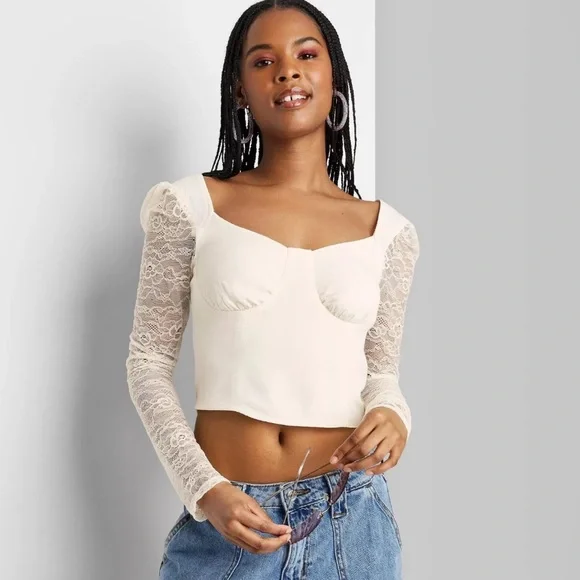 Wild Fable Off White Cropped Long Sleeve Lace Top Size Medium - Picture 1 of 9